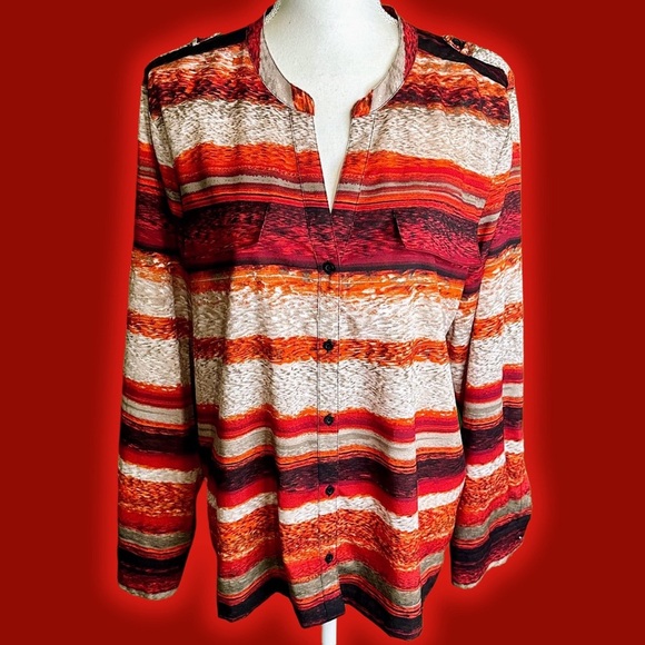 Calvin Klein Women’s ‘Roll Sleeve Printed Everyday Blouse’ in Red Abstract Multi - Picture 1 of 12